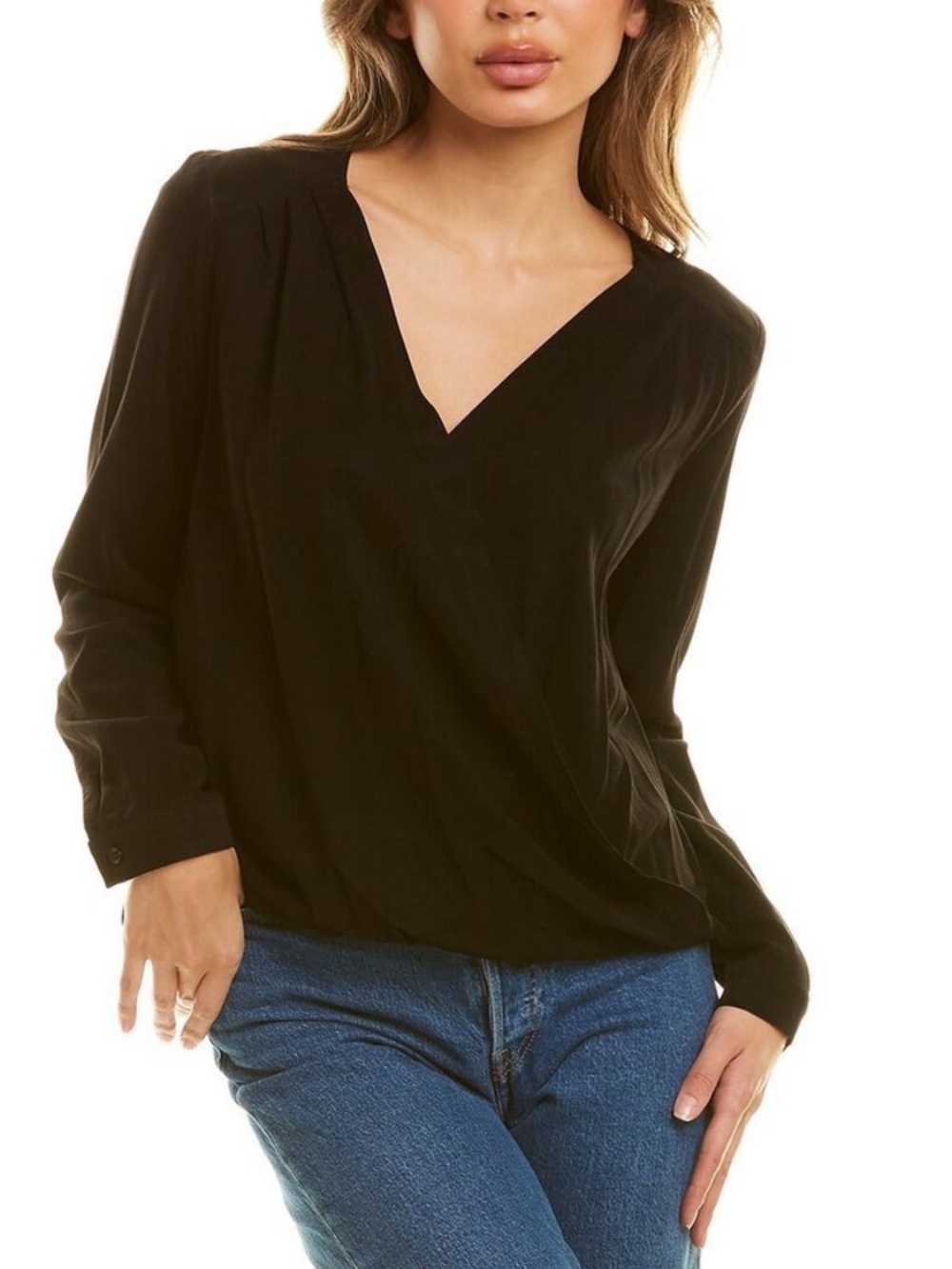 Maven West Surplice Blouse Top V Neck Open Back Draped Flattering Elegant Chic L